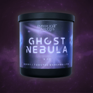 9oz Ghost Nebula candle by Emberlight Archives in a black glass jar with illustrated nebula label against a purple background, Berry and Marshmallow scent.