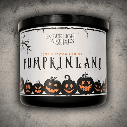 Candle with 'Pumpkinland' label and Emberlight Archives branding on a textured gray background