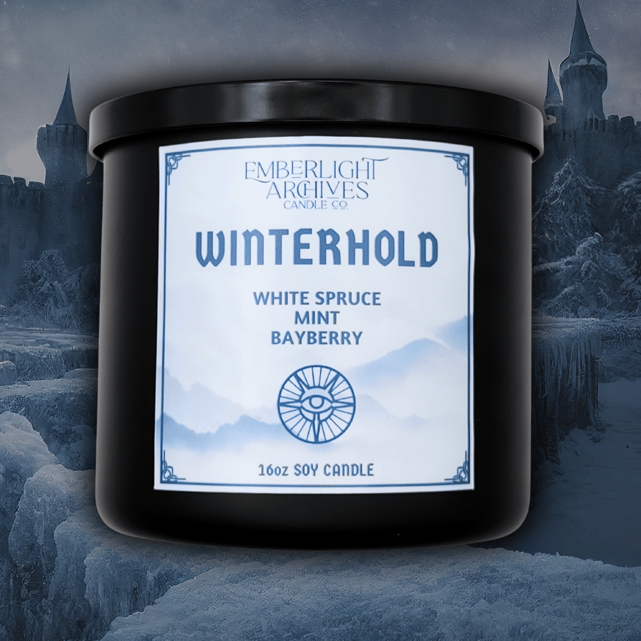 16oz Winterhold candle by Emberlight Archives in a black glass jar with white label against a winter castle background, Spruce, Mint, and Bayberry scent.