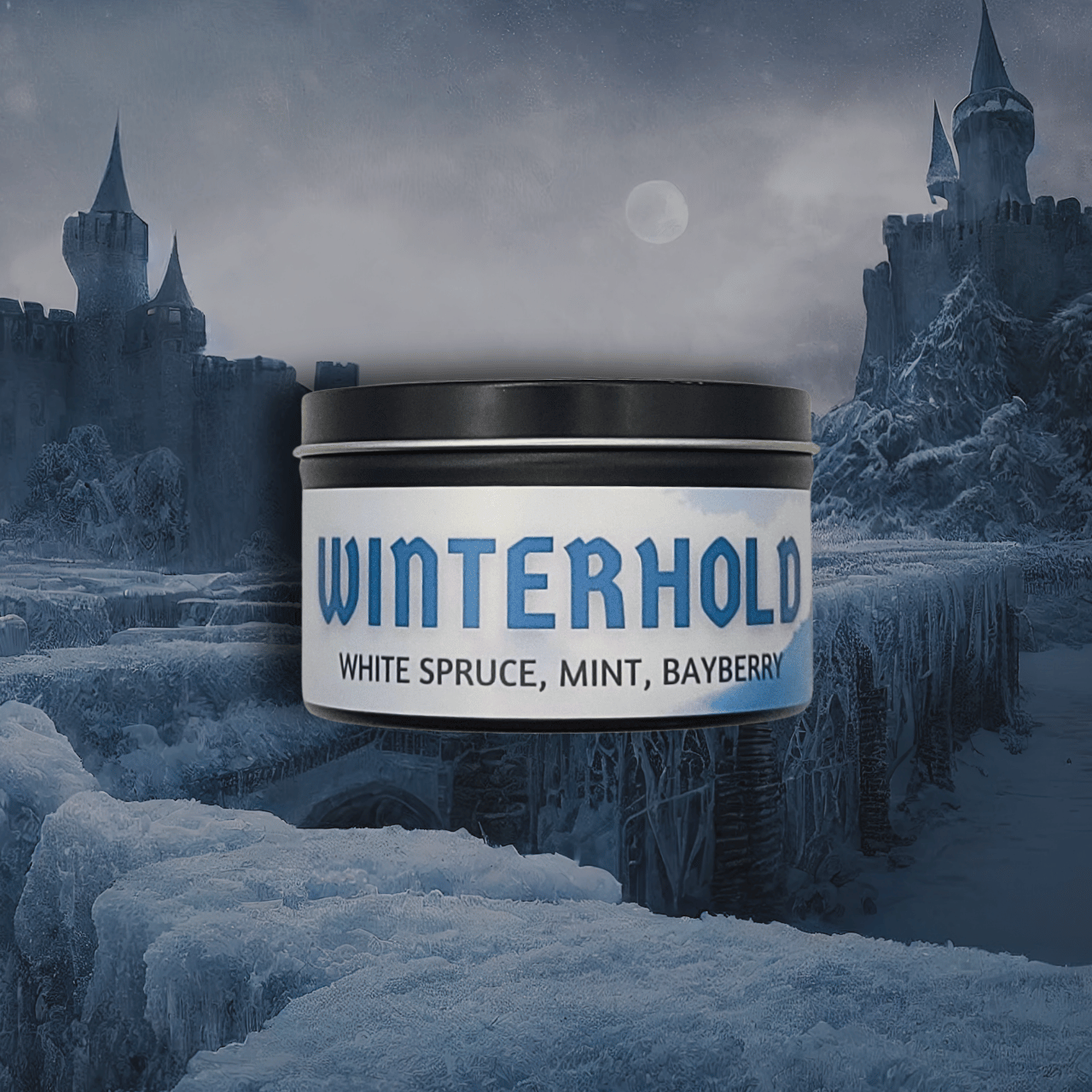 8oz Winterhold candle by Emberlight Archives in a black tin with white label against a winter castle background, Spruce, Mint, and Bayberry scent.