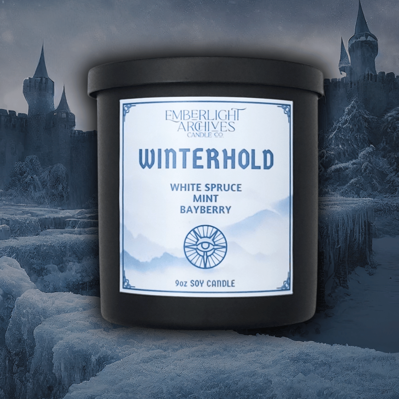 9oz Winterhold candle by Emberlight Archives in a black glass jar with white label against a winter castle background, Spruce, Mint, and Bayberry scent.