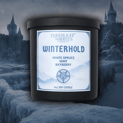 9oz Winterhold candle by Emberlight Archives in a black glass jar with white label against a winter castle background, Spruce, Mint, and Bayberry scent.
