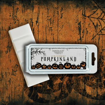 Pumpkinland wax melt bar by Emberlight Archives with a white label against a orange pumpkin background, Pumpkin Pie scent.