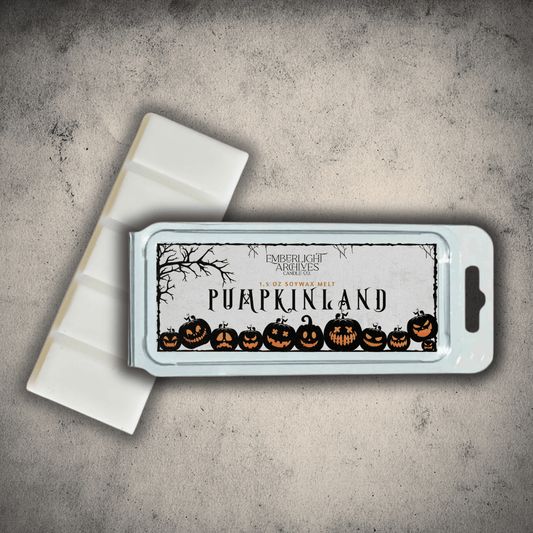 Emberlight Archives Pumpkinland wax melt bar with a white label against a gray stone background, Pumpkin Pie scent.