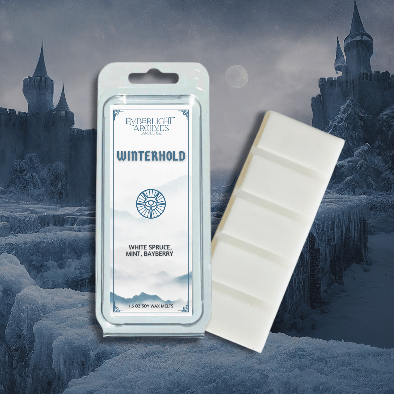 Winterhold wax melt bar by Emberlight Archives with a white label against a winter castle background, Spruce, Mint, and Bayberry scent.