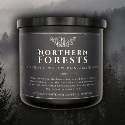 16oz Northern Forests candle by Emberlight Archives in a black glass jar with dark label against a forest background, Rain & Moss scent.