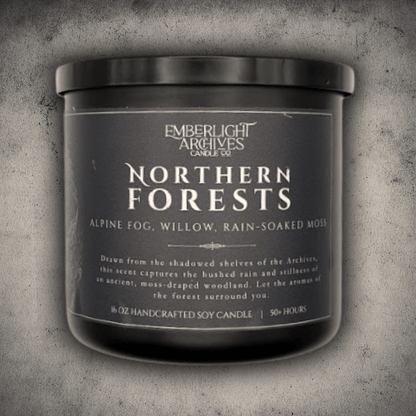 Emberlight Archives Northern Forests candle in a 16oz black glass jar with dark label against a gray stone background, Rain & Moss scent.