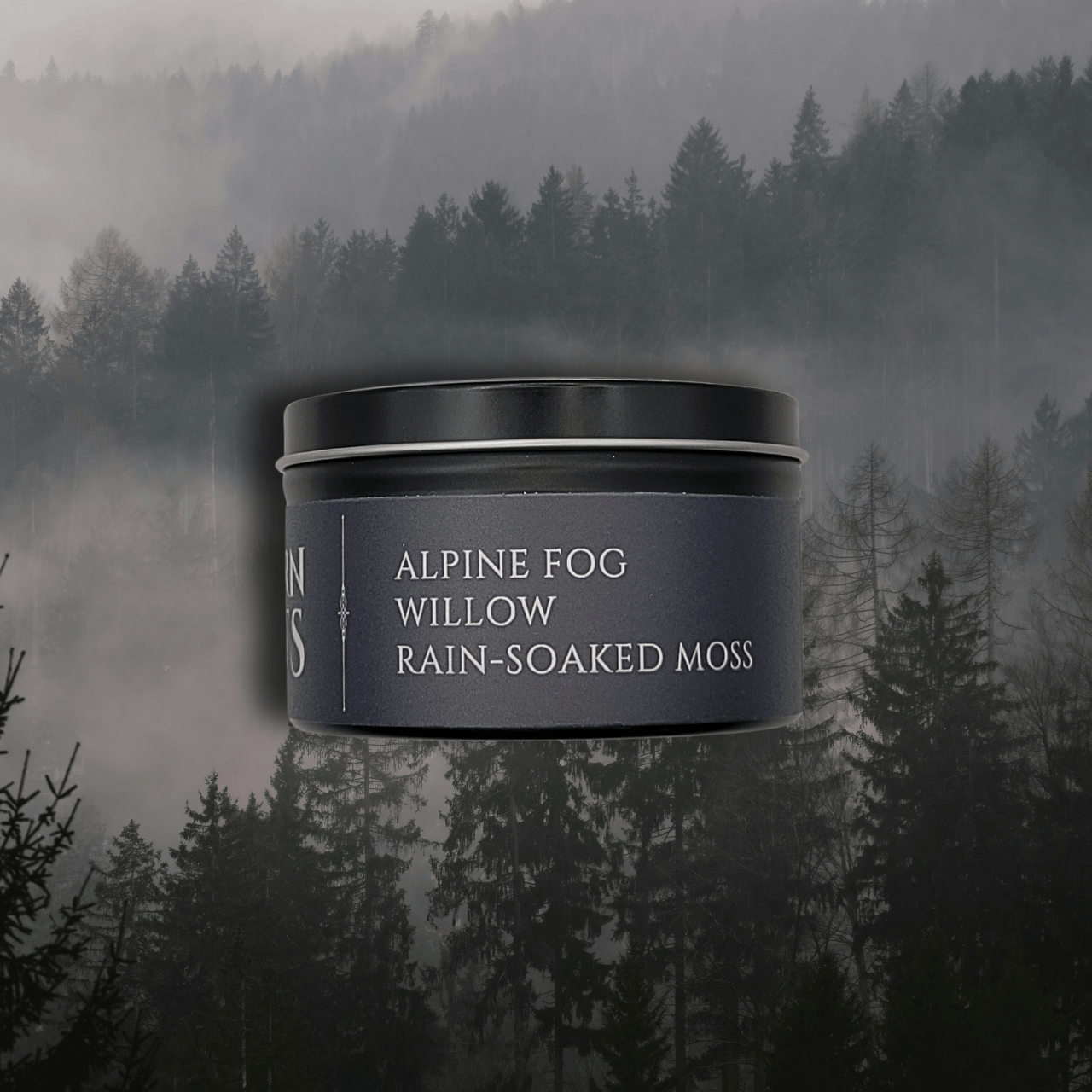 Jar labeled 'Alpine Fog Willow Rain-Soaked Moss' against a misty forest background