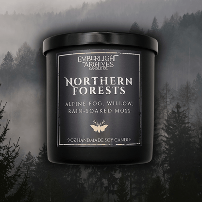9oz Northern Forests candle by Emberlight Archives in a black glass jar with dark label against a forest background, Rain & Moss scent.