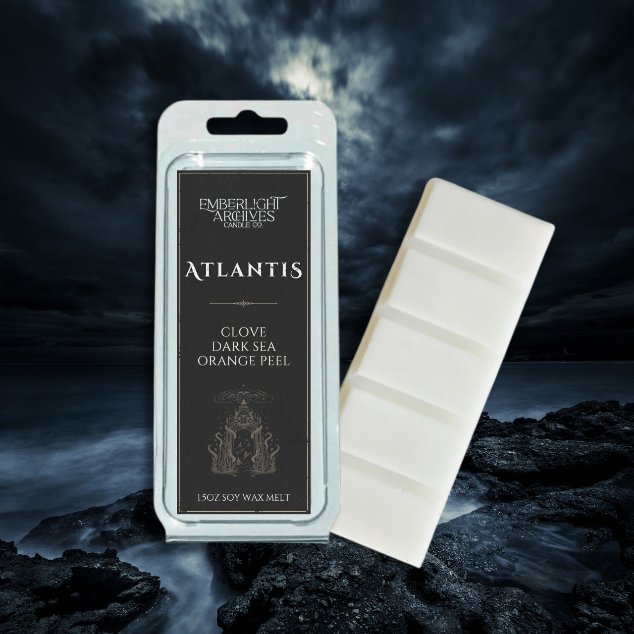 Atlantis wax melt bar by Emberlight Archives with a black label against a ocean background, Clove & Orange Peel scent.